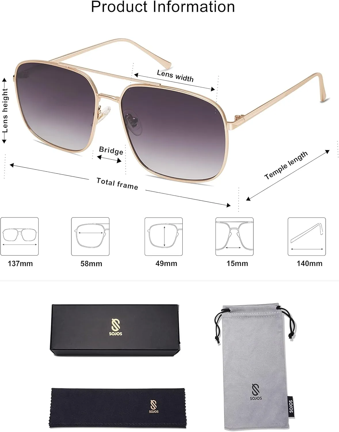 SOJOS Retro Square Aviator Sunglasses Womens Mens Aesthetic Y2k Light Lens Shades SJ1176
