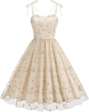 Spaghetti Strap Floral Embroidered Dress for Women Wedding Guest Tea Party Dress for Woman Tulle Prom Formal Cocktail Dress
