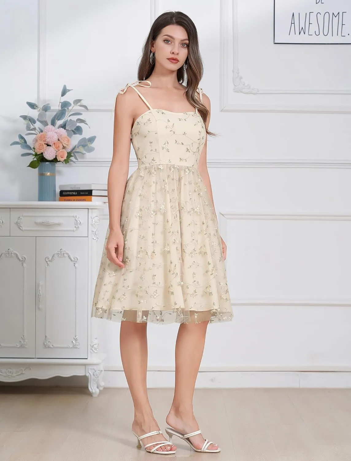 Spaghetti Strap Floral Embroidered Dress for Women Wedding Guest Tea Party Dress for Woman Tulle Prom Formal Cocktail Dress