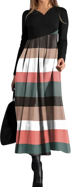 Spring Dresses for Women 2025 Midi Long Sleeve V Neck Vacation Tea Length Modest Flowy Western Fashion Dress