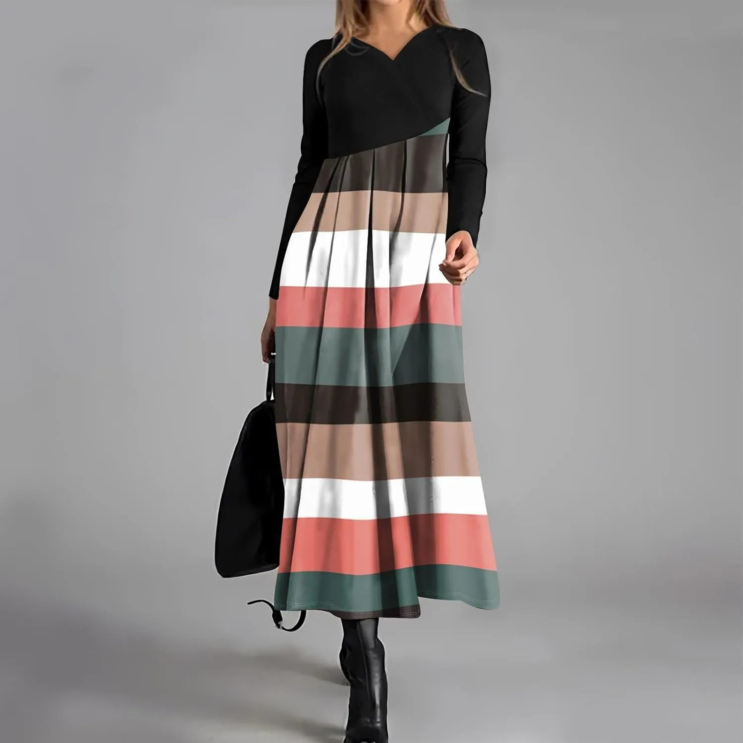 Spring Dresses for Women 2025 Midi Long Sleeve V Neck Vacation Tea Length Modest Flowy Western Fashion Dress
