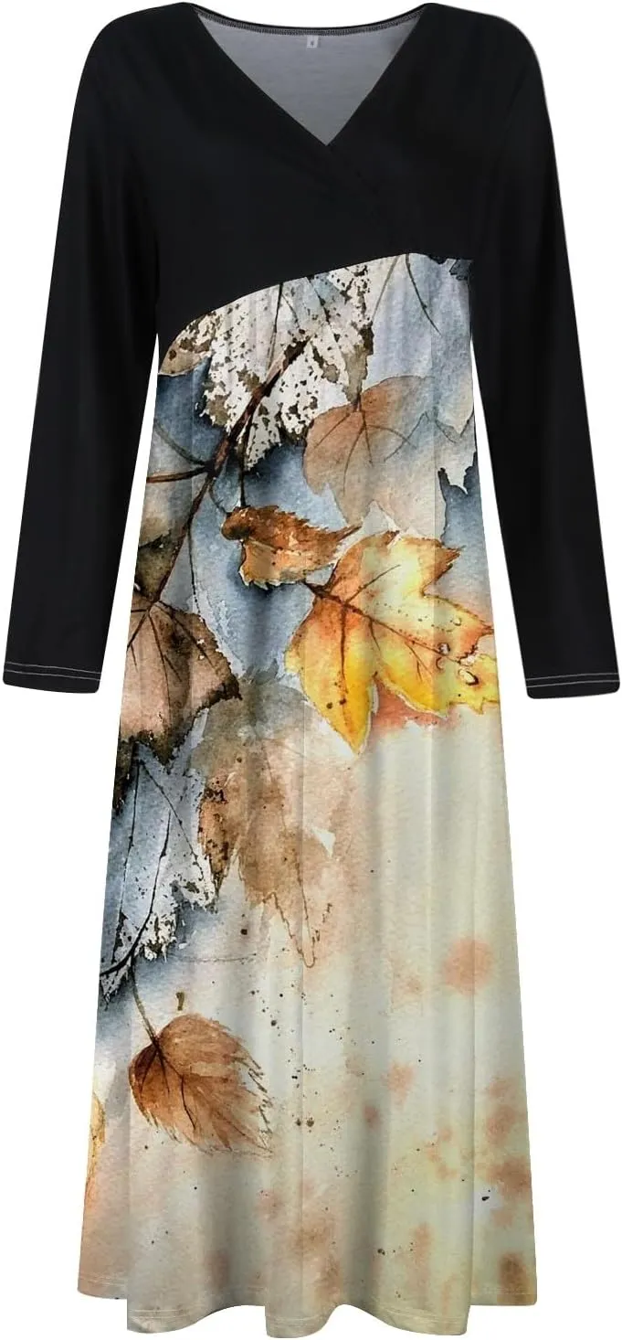 Spring Dresses for Women 2025 V Neck Long Sleeve Midi Modest Teens Flowy Vacation Fashion Curvy Dress