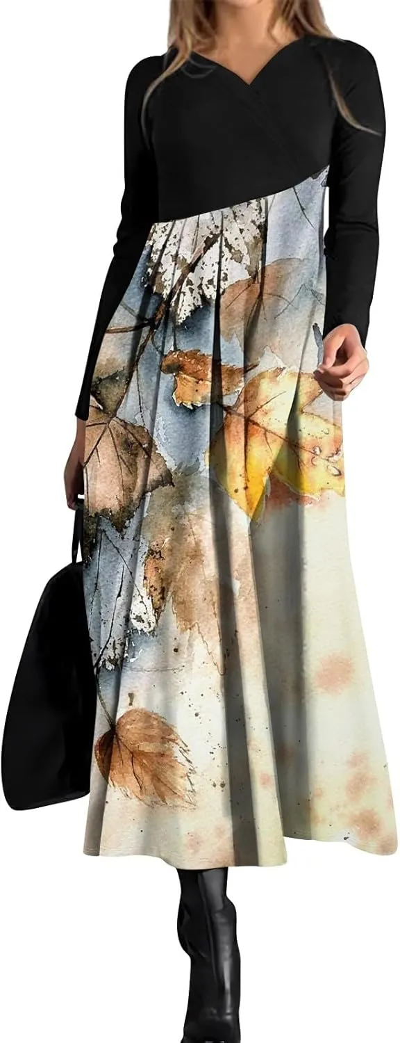 Spring Dresses for Women 2025 V Neck Long Sleeve Midi Modest Teens Flowy Vacation Fashion Curvy Dress