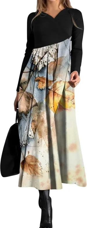 Spring Dresses for Women 2025 V Neck Long Sleeve Midi Modest Teens Flowy Vacation Fashion Curvy Dress