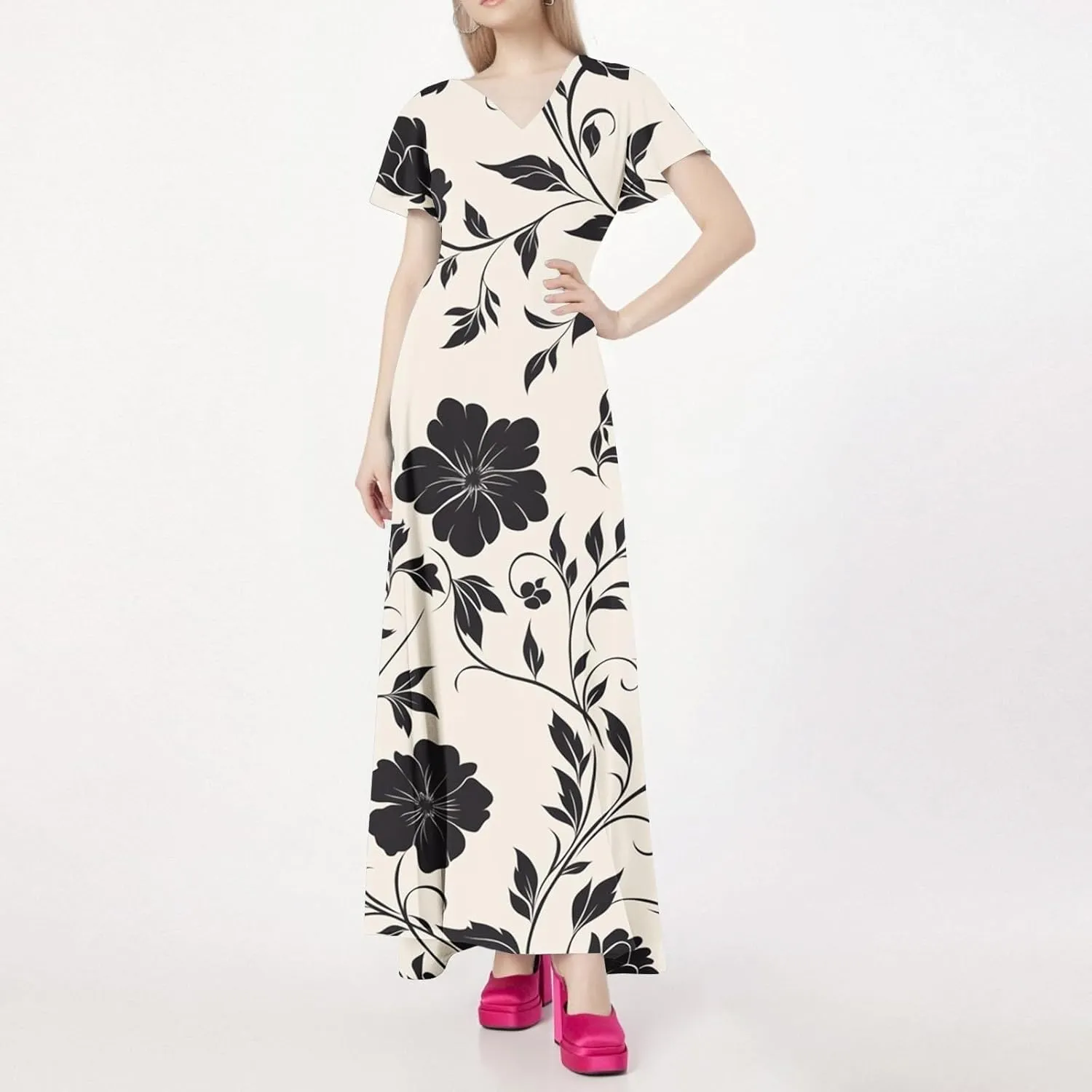 Spring Dresses,Flowy Floral Maxi Dress Short Sleeve Wedding Guest Trendy Women's Casual Dresses
