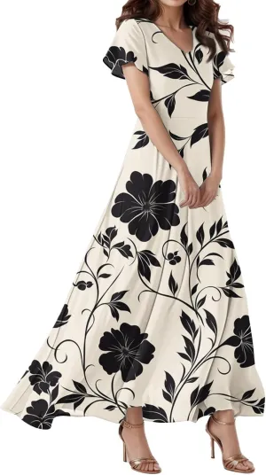 Spring Dresses,Flowy Floral Maxi Dress Short Sleeve Wedding Guest Trendy Women's Casual Dresses