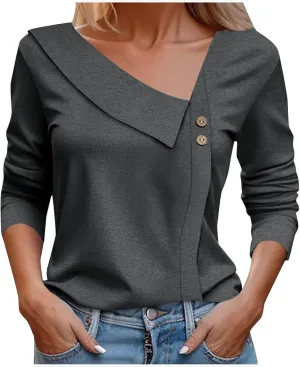 Spring Tops for Women Elegant Cozy Asymmetric Collared V Neck Blouses Dressy Work Casual Solid Color 3/4 Sleeve Shirt