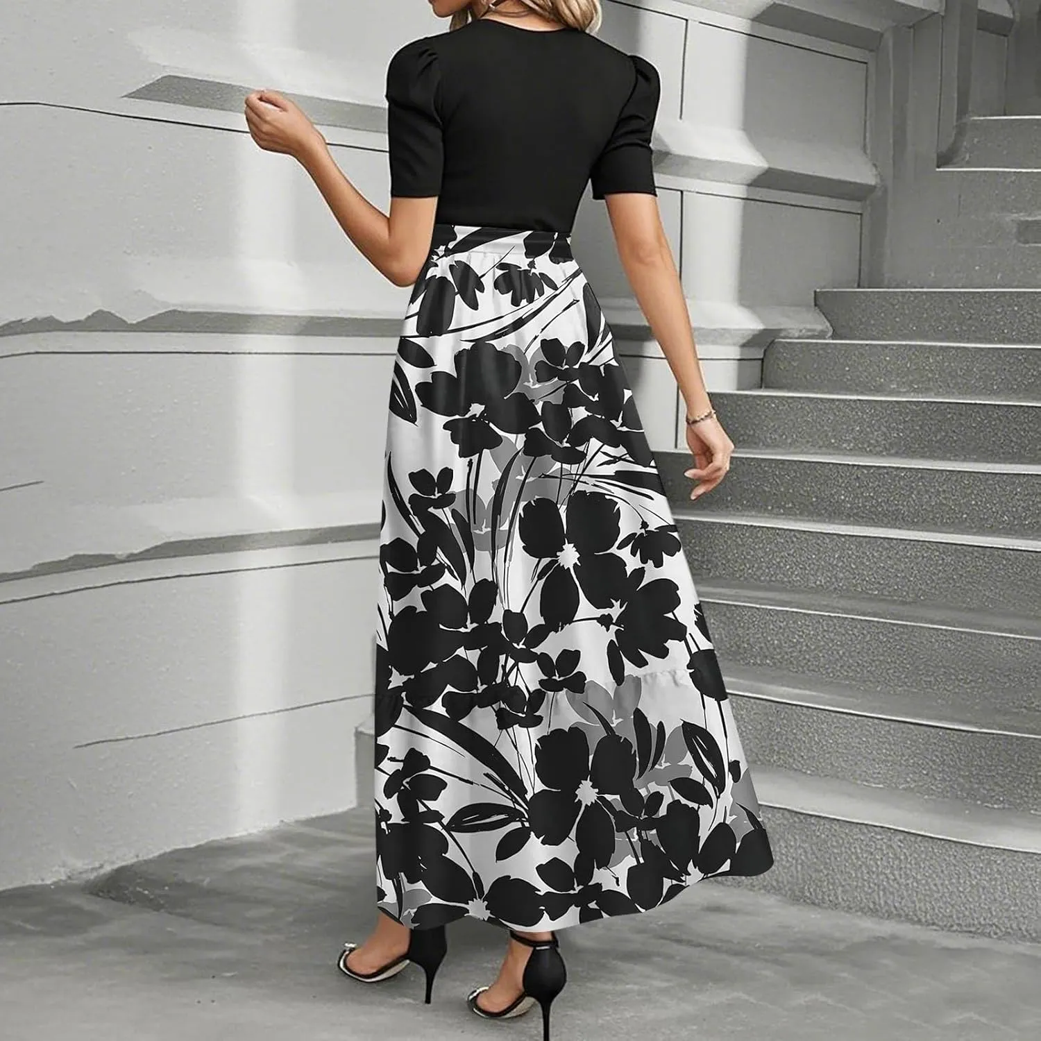 Spring/Summer Dresses for Women 2025- Floral Print Wrap Short Sleeve Maxi Dress Patchwork Ruffle Hem A Line Dress