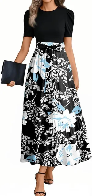 Spring/Summer Dresses for Women 2025- Floral Print Wrap Short Sleeve Maxi Dress Patchwork Ruffle Hem A Line Dress