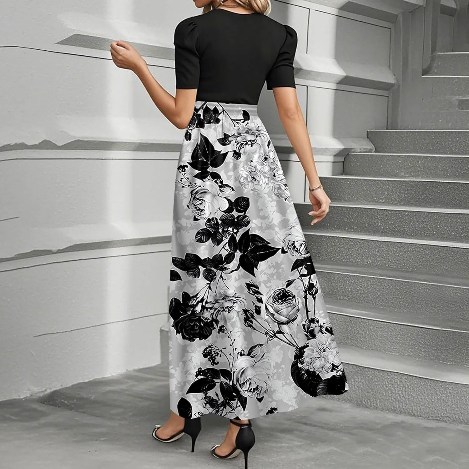 Spring/Summer Dresses for Women 2025- Floral Print Wrap Short Sleeve Maxi Dress Patchwork Ruffle Hem A Line Dress