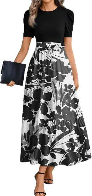 Spring/Summer Dresses for Women 2025- Floral Print Wrap Short Sleeve Maxi Dress Patchwork Ruffle Hem A Line Dress