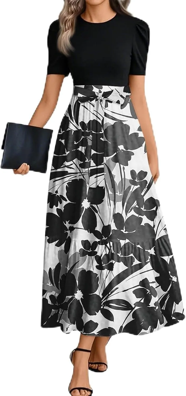 Spring/Summer Dresses for Women 2025- Floral Print Wrap Short Sleeve Maxi Dress Patchwork Ruffle Hem A Line Dress