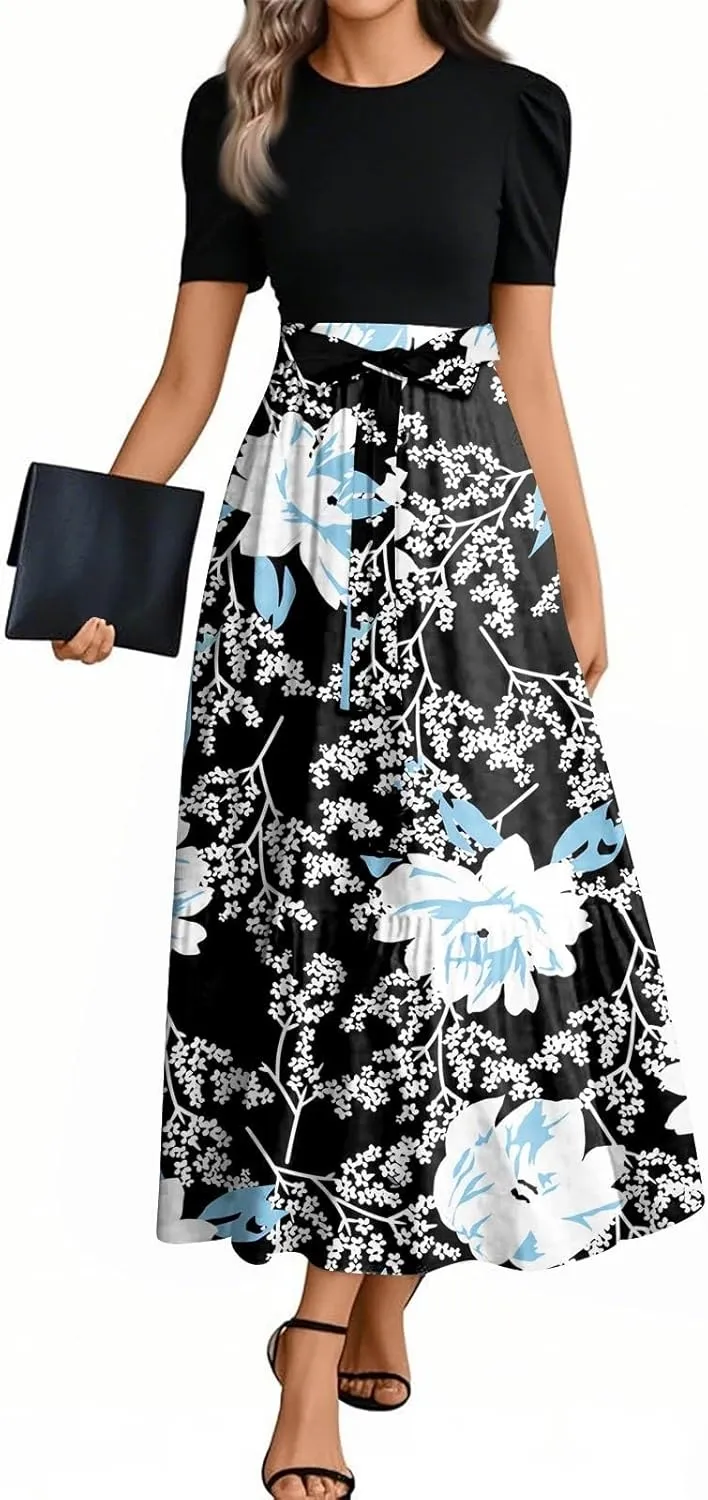 Spring/Summer Dresses for Women 2025- Floral Print Wrap Short Sleeve Maxi Dress Patchwork Ruffle Hem A Line Dress
