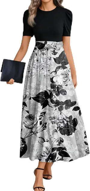 Spring/Summer Dresses for Women 2025- Floral Print Wrap Short Sleeve Maxi Dress Patchwork Ruffle Hem A Line Dress