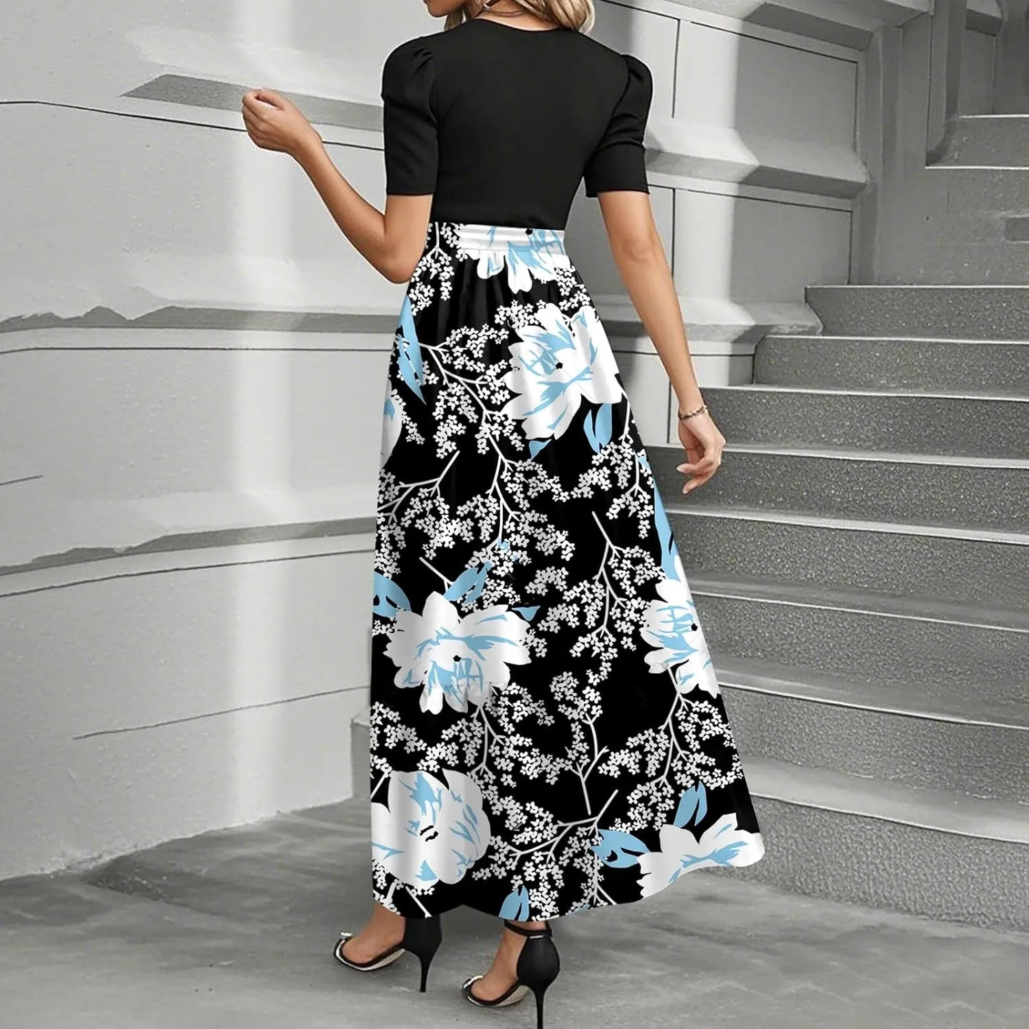 Spring/Summer Dresses for Women 2025- Floral Print Wrap Short Sleeve Maxi Dress Patchwork Ruffle Hem A Line Dress