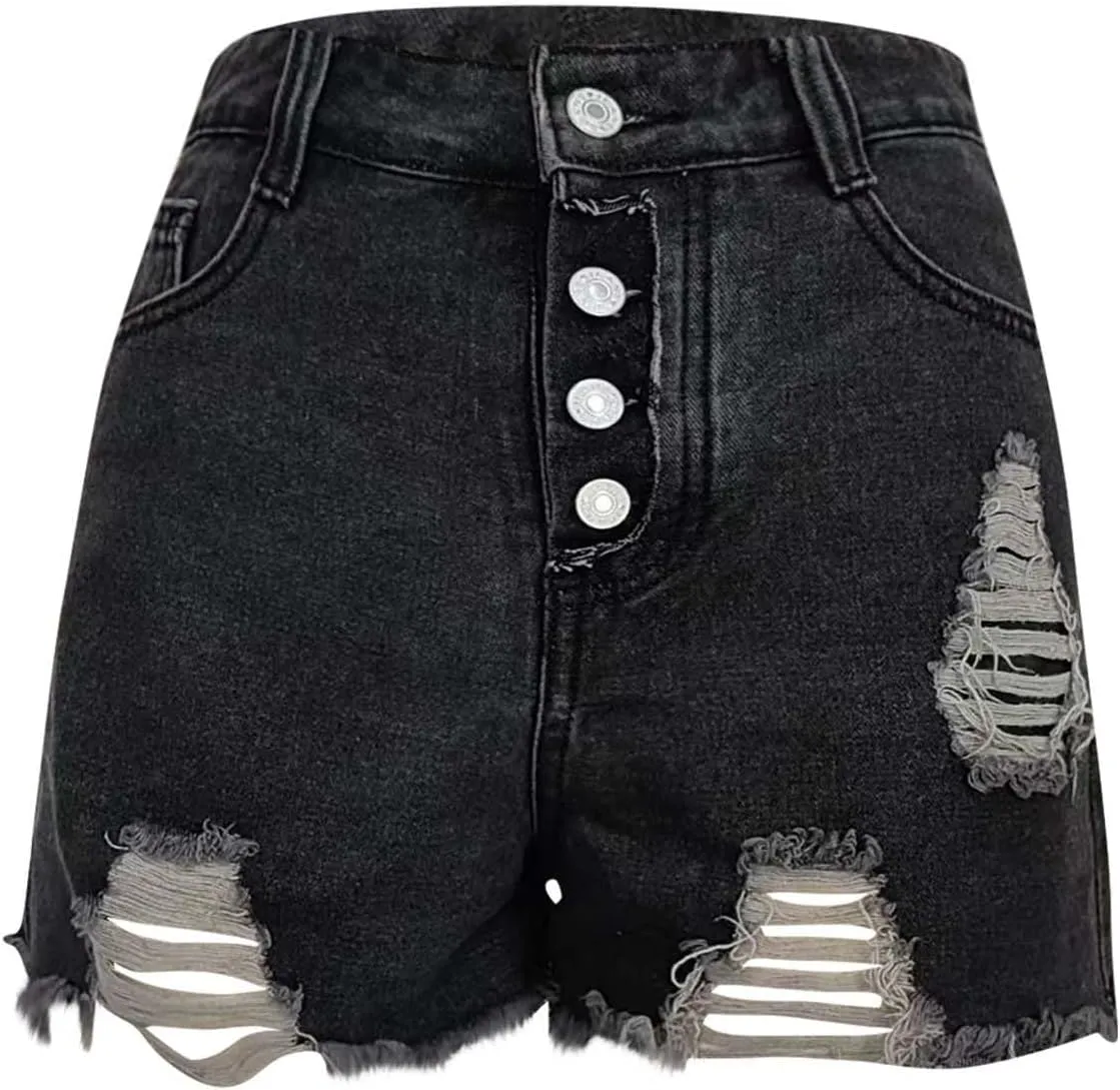 Stretchy Jean Shorts for Womens High Waisted Buttons Frayed Raw Hem Ripped Distressed Denim Shorts with Pockets