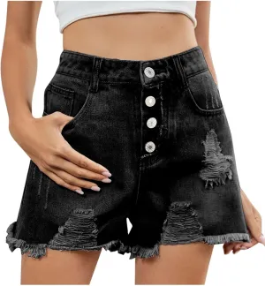 Stretchy Jean Shorts for Womens High Waisted Buttons Frayed Raw Hem Ripped Distressed Denim Shorts with Pockets