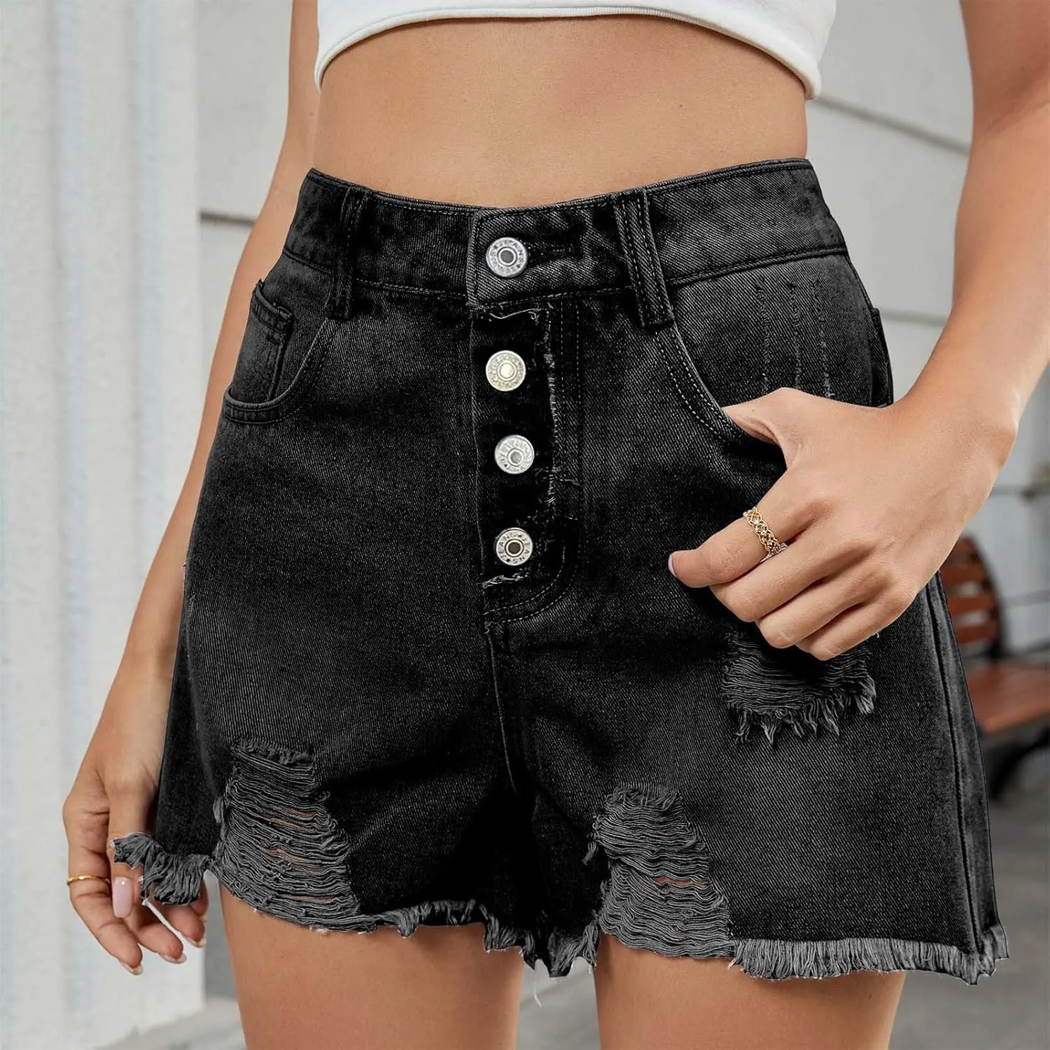Stretchy Jean Shorts for Womens High Waisted Buttons Frayed Raw Hem Ripped Distressed Denim Shorts with Pockets