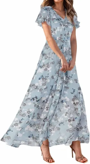 Summer Boho Dresses for Women Empire Waist Long Dress Casual Chiffon Flutter Sleeve Floral Beach Wedding Guest Dresses