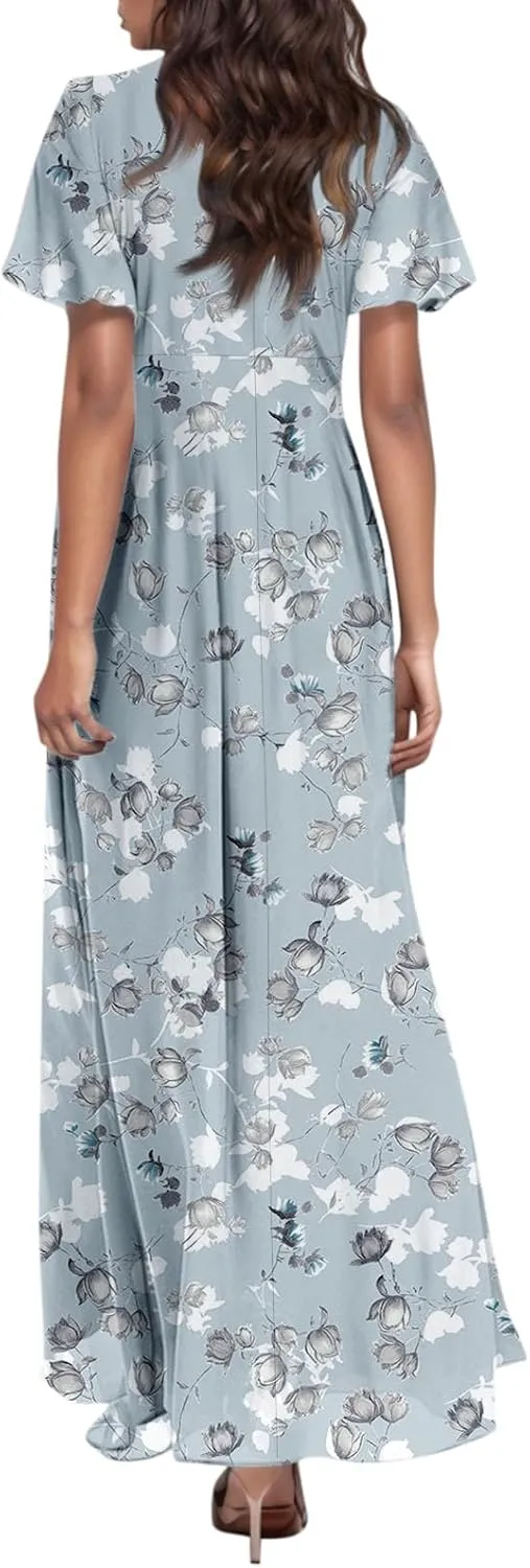 Summer Boho Dresses for Women Empire Waist Long Dress Casual Chiffon Flutter Sleeve Floral Beach Wedding Guest Dresses
