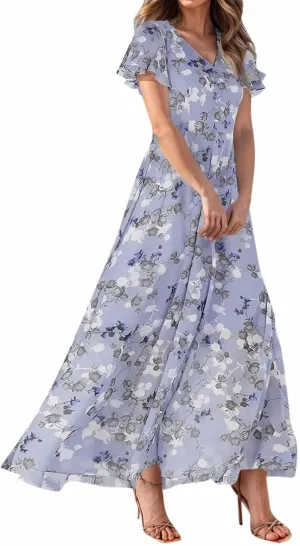Summer Boho Dresses for Women Empire Waist Long Dress Casual Chiffon Flutter Sleeve Floral Beach Wedding Guest Dresses