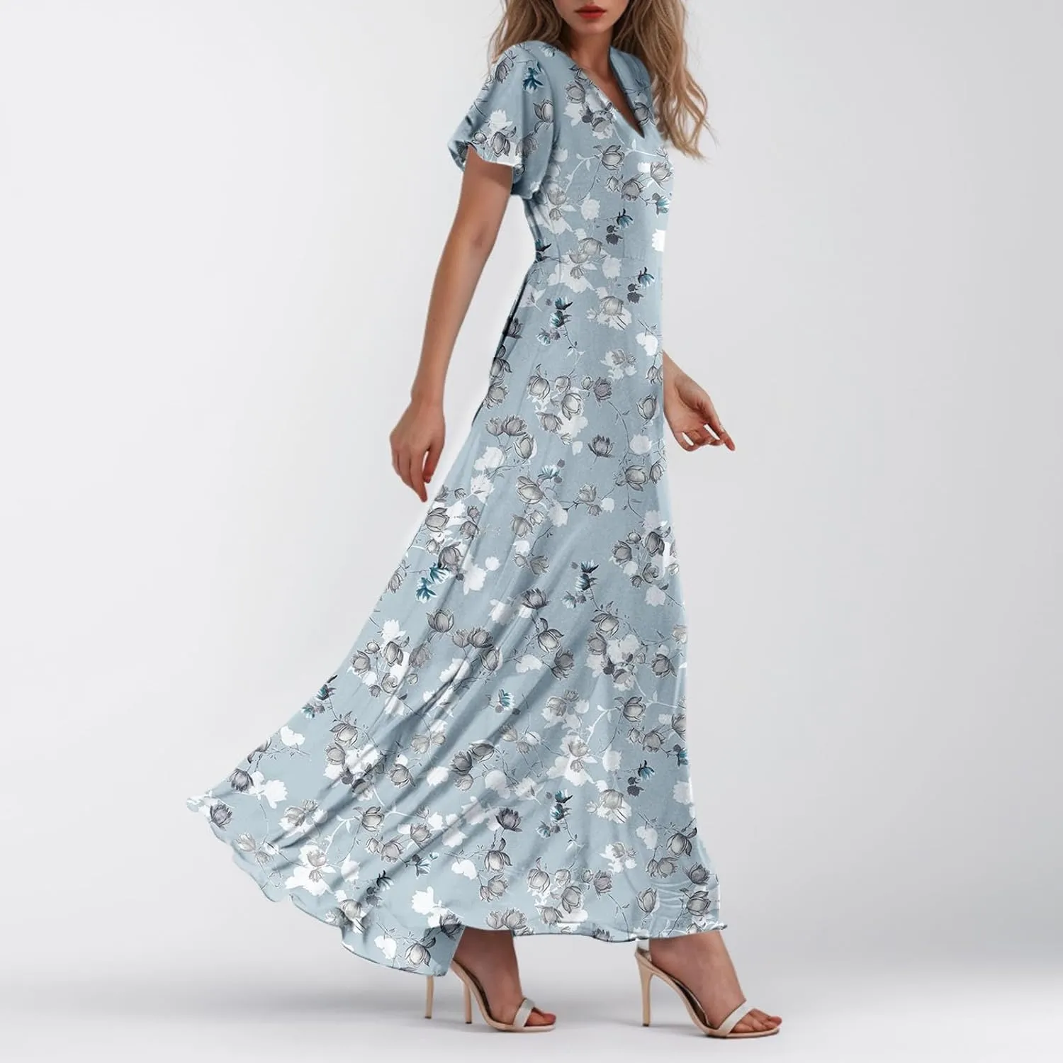 Summer Boho Dresses for Women Empire Waist Long Dress Casual Chiffon Flutter Sleeve Floral Beach Wedding Guest Dresses