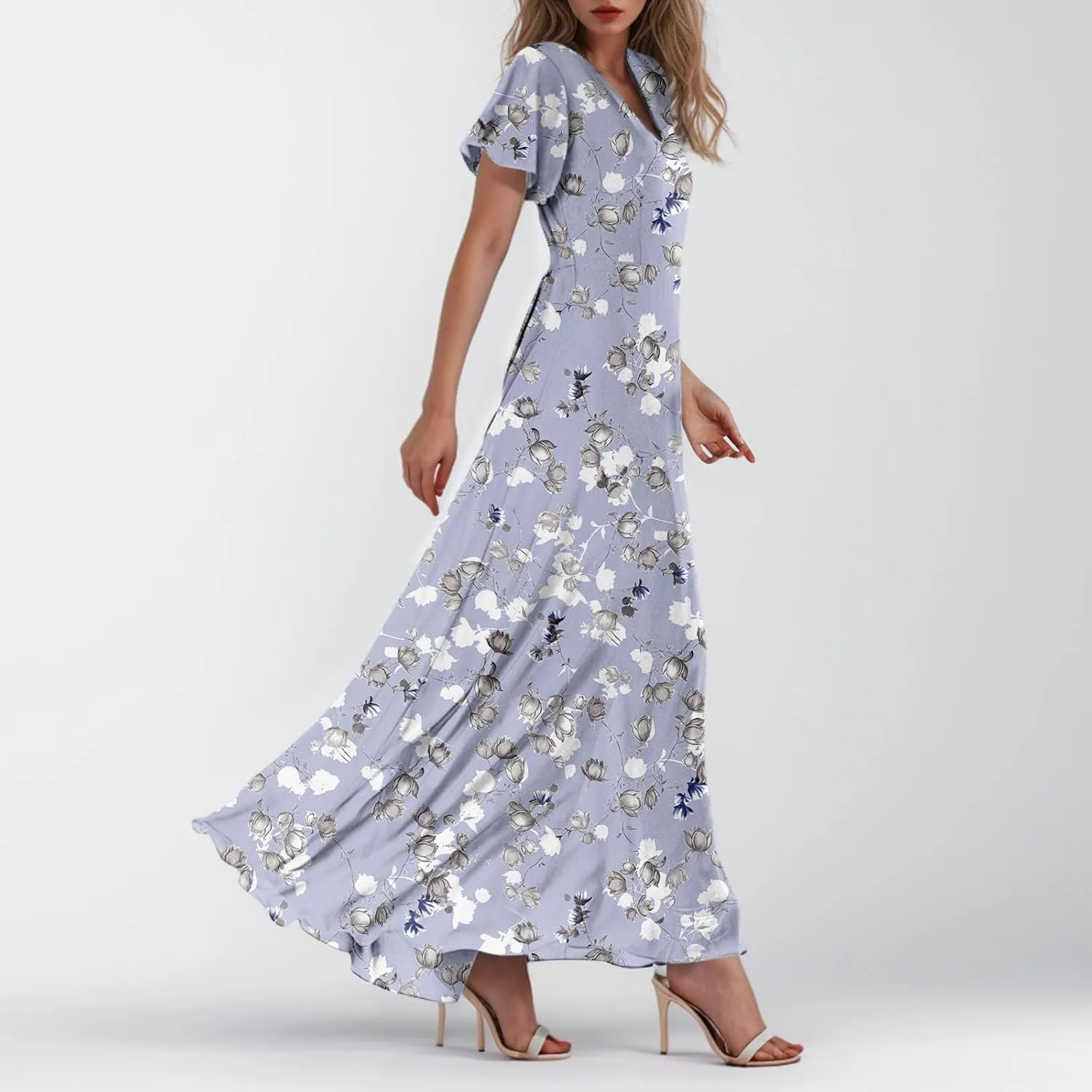 Summer Boho Dresses for Women Empire Waist Long Dress Casual Chiffon Flutter Sleeve Floral Beach Wedding Guest Dresses