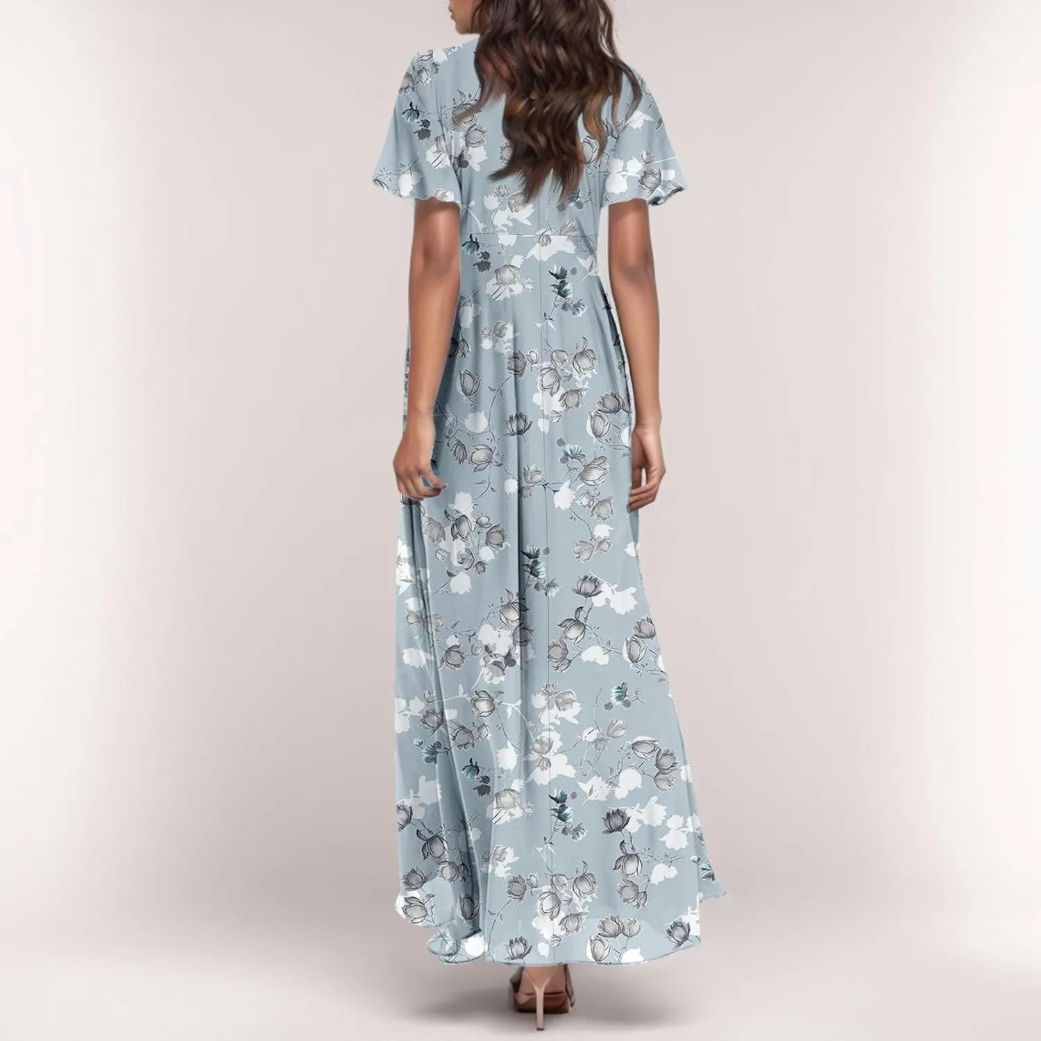 Summer Boho Dresses for Women Empire Waist Long Dress Casual Chiffon Flutter Sleeve Floral Beach Wedding Guest Dresses