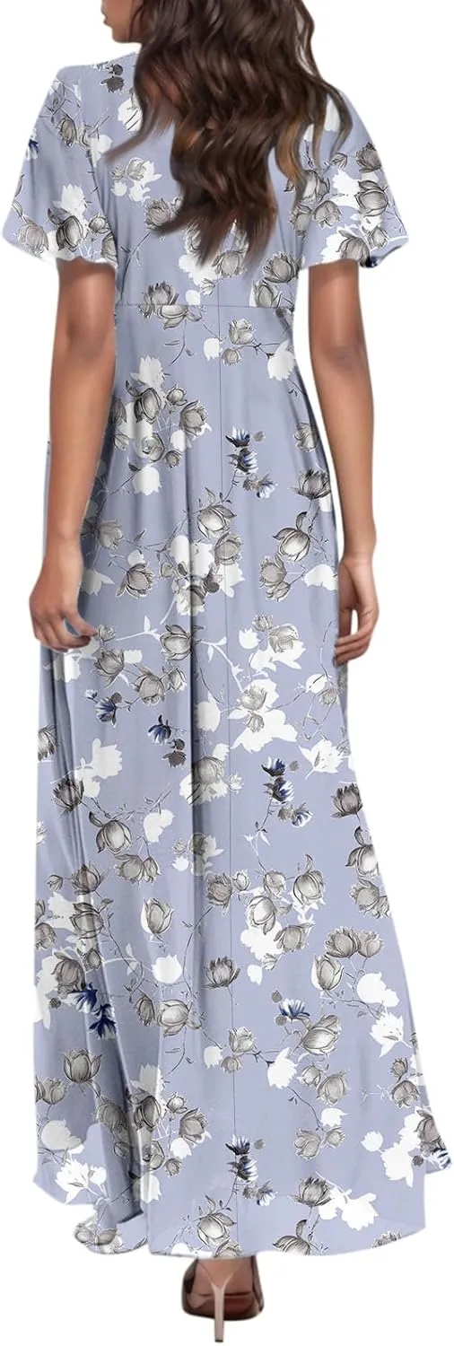 Summer Boho Dresses for Women Empire Waist Long Dress Casual Chiffon Flutter Sleeve Floral Beach Wedding Guest Dresses