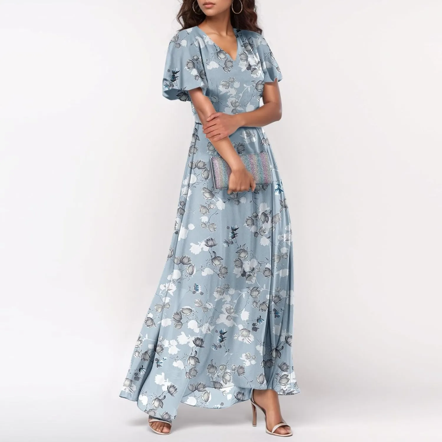 Summer Boho Dresses for Women Empire Waist Long Dress Casual Chiffon Flutter Sleeve Floral Beach Wedding Guest Dresses