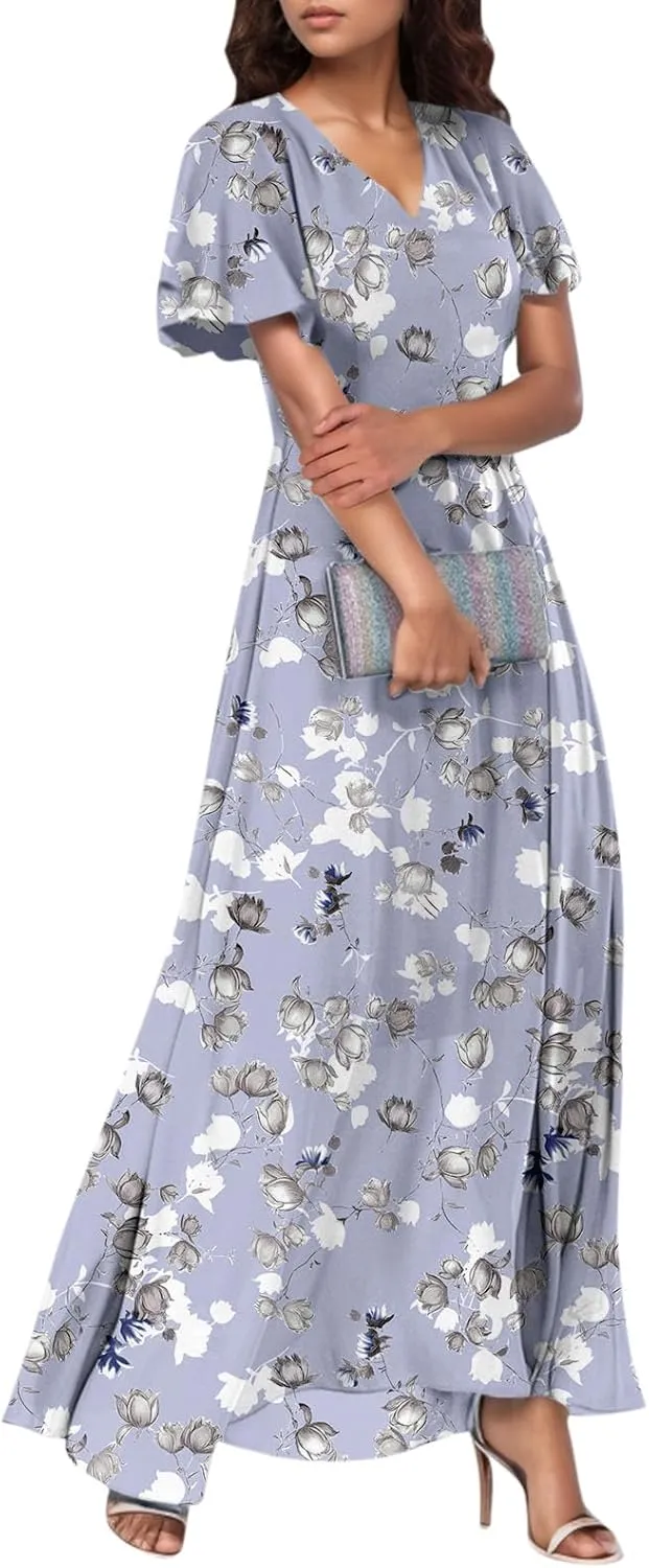 Summer Boho Dresses for Women Empire Waist Long Dress Casual Chiffon Flutter Sleeve Floral Beach Wedding Guest Dresses