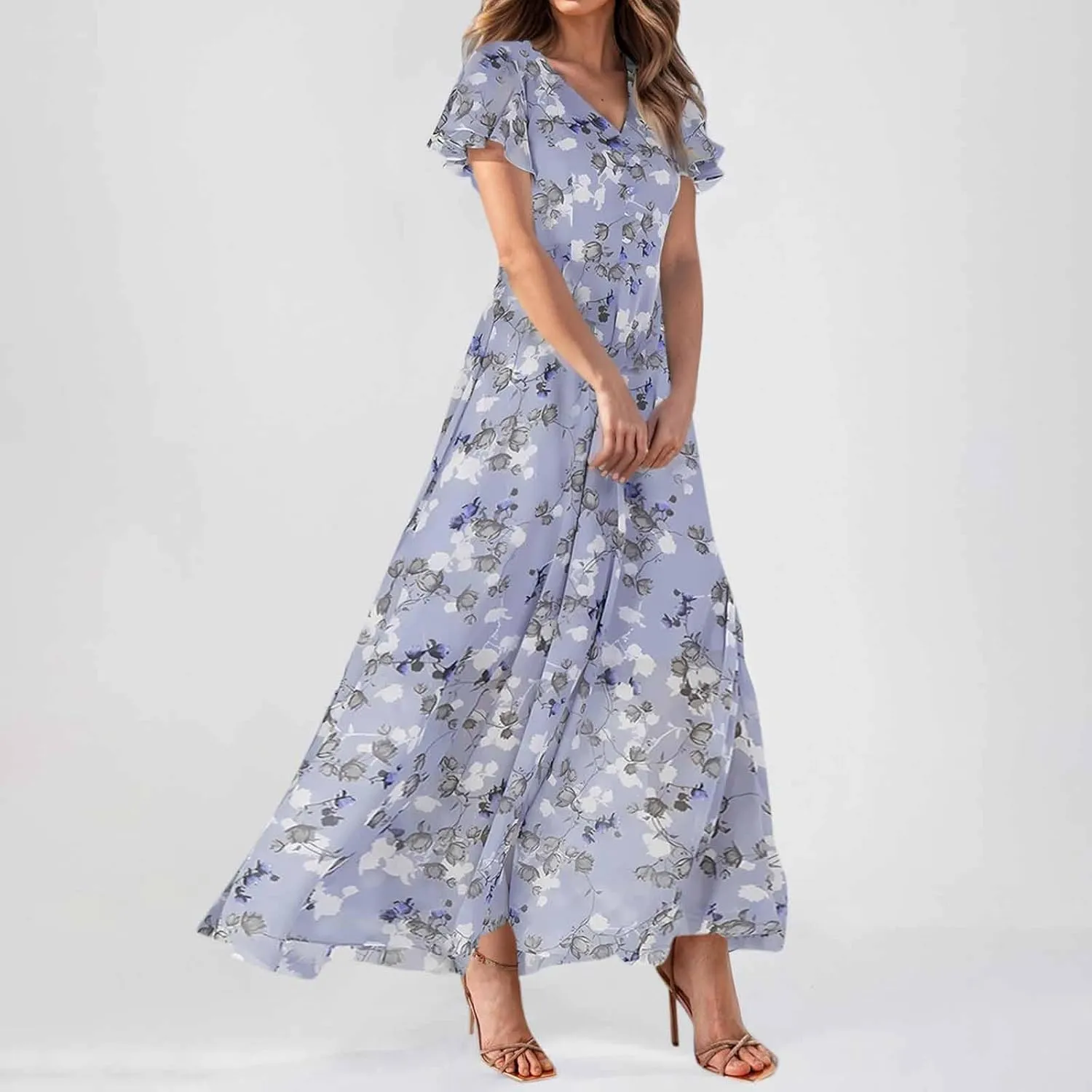 Summer Boho Dresses for Women Empire Waist Long Dress Casual Chiffon Flutter Sleeve Floral Beach Wedding Guest Dresses