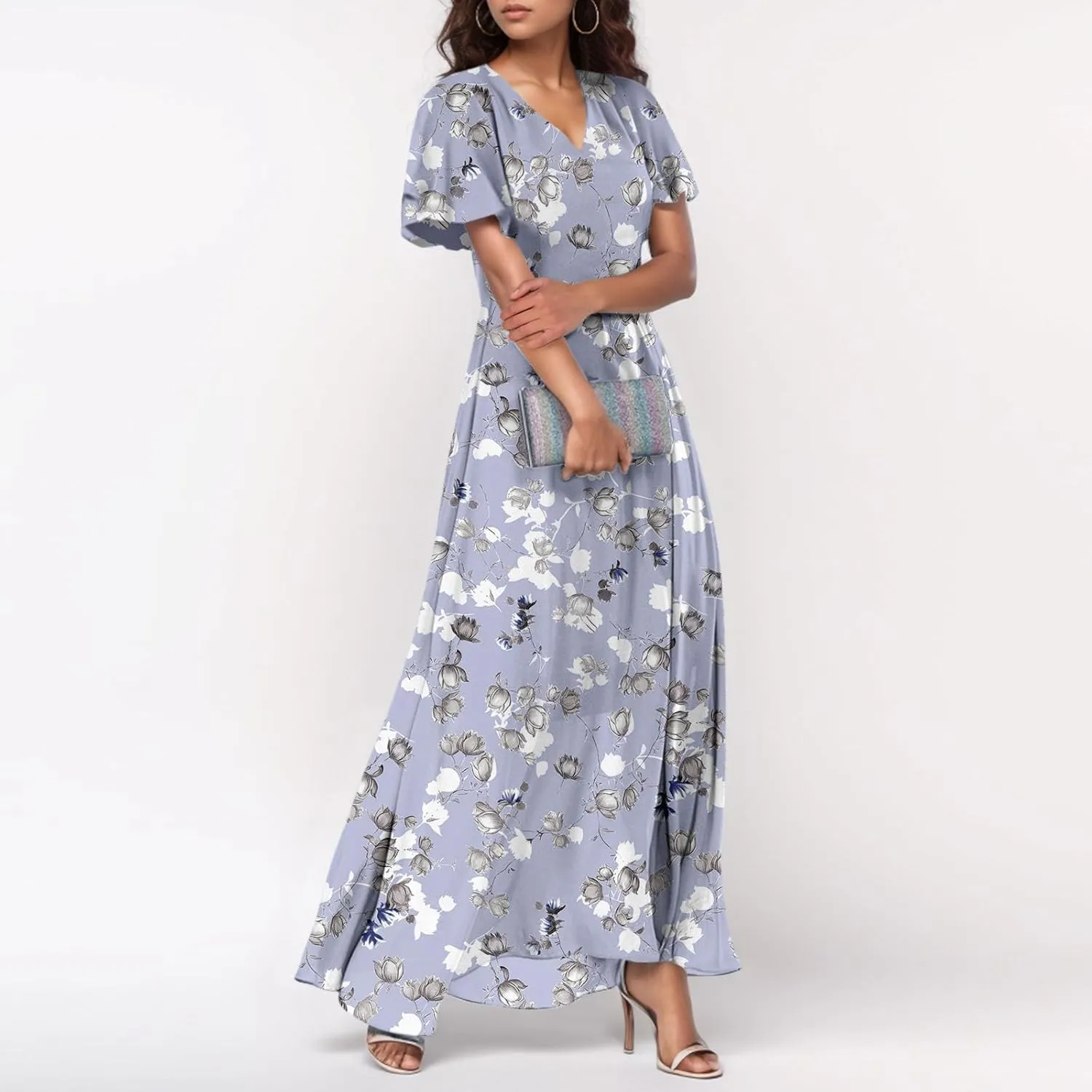 Summer Boho Dresses for Women Empire Waist Long Dress Casual Chiffon Flutter Sleeve Floral Beach Wedding Guest Dresses