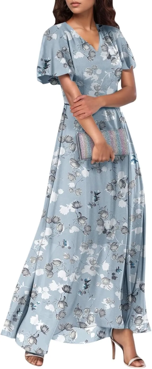 Summer Boho Dresses for Women Empire Waist Long Dress Casual Chiffon Flutter Sleeve Floral Beach Wedding Guest Dresses