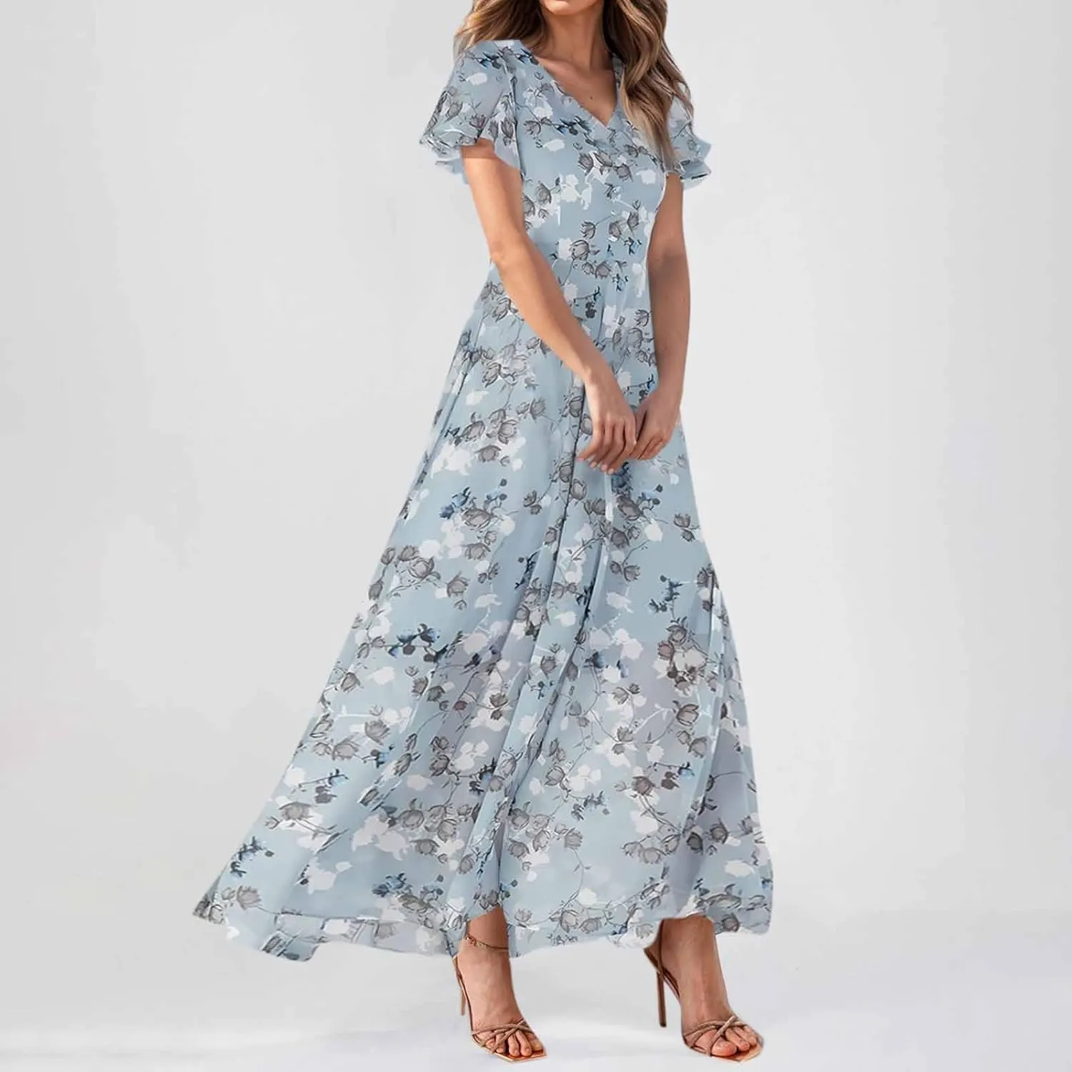 Summer Boho Dresses for Women Empire Waist Long Dress Casual Chiffon Flutter Sleeve Floral Beach Wedding Guest Dresses