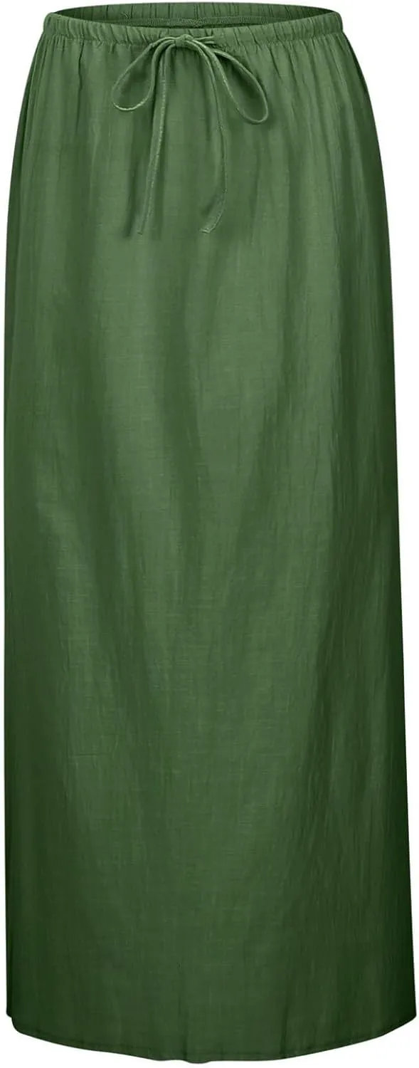 Summer Boho Linen Skirts for Women Casual Loose Maxi Length Drawstring Low Rise A-Line Flowy Long Beach Skirt