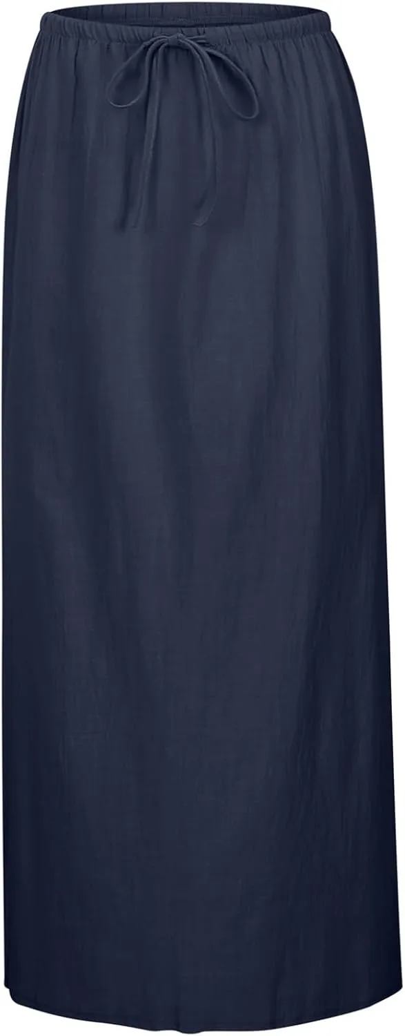 Summer Boho Linen Skirts for Women Casual Loose Maxi Length Drawstring Low Rise A-Line Flowy Long Beach Skirt