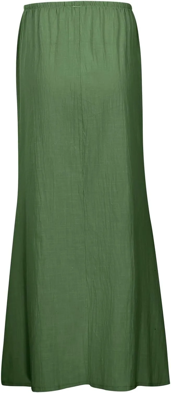 Summer Boho Linen Skirts for Women Casual Loose Maxi Length Drawstring Low Rise A-Line Flowy Long Beach Skirt