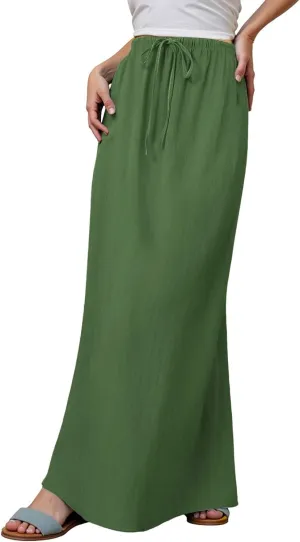 Summer Boho Linen Skirts for Women Casual Loose Maxi Length Drawstring Low Rise A-Line Flowy Long Beach Skirt