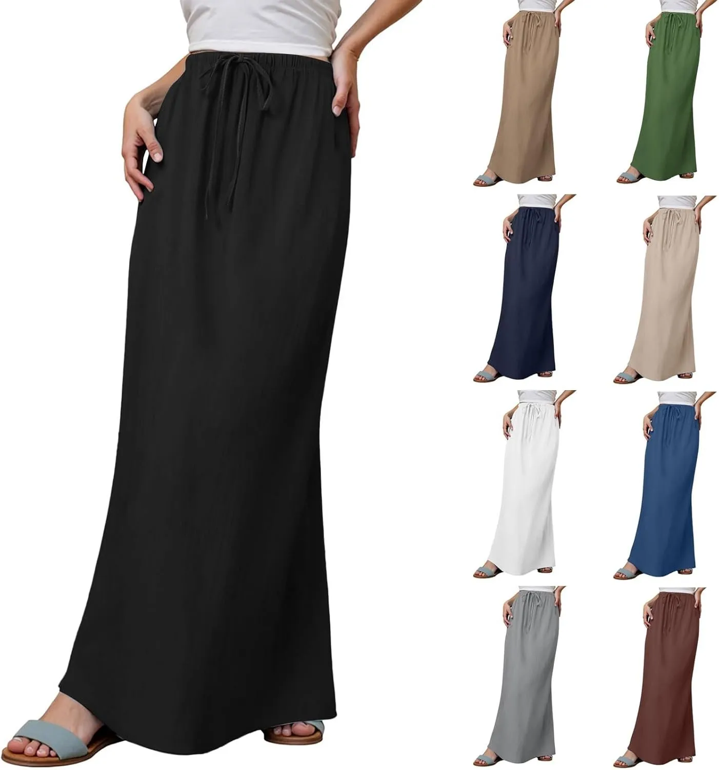Summer Boho Linen Skirts for Women Casual Loose Maxi Length Drawstring Low Rise A-Line Flowy Long Beach Skirt