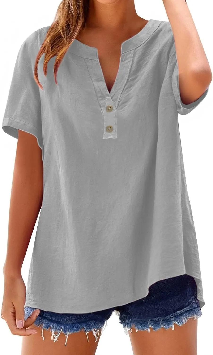 Summer Cotton Linen Tshirt for Women Casual V Neck Button Short Sleeve Tees 2025 Trendy Vacation Loose Fit Tunic Tops