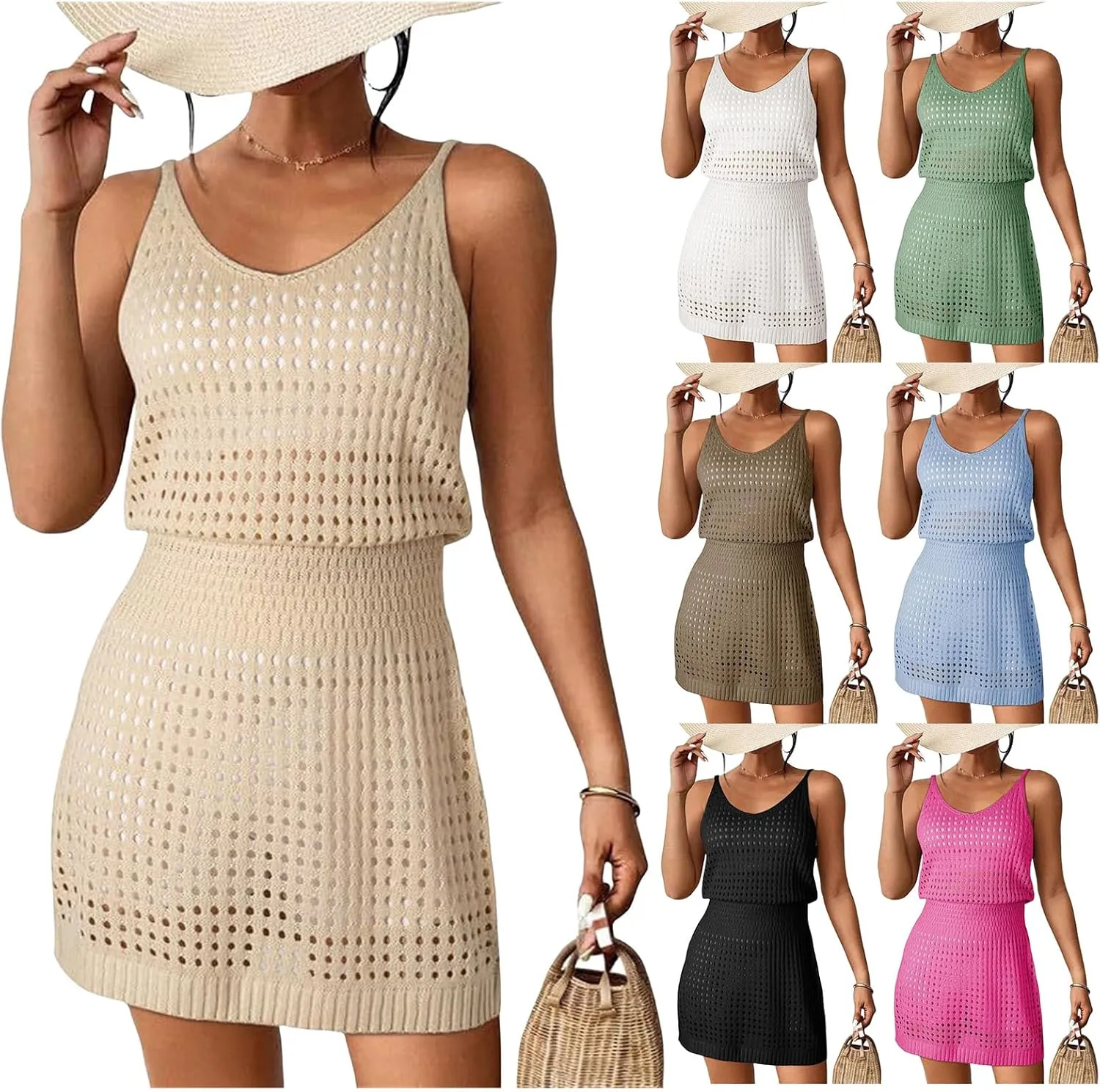 Summer Crochet Hollow Out Knit Beach Bathing Suit Swim Cover Bikini Bathing Suits Swimwear Sleeveless Vacation Dresses