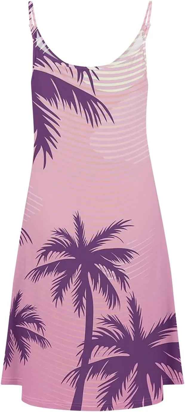 Summer Dress for Women Casual Boho Spaghetti Strap Dresses Floral Print V Neck Button Tank Dresses with Pockets