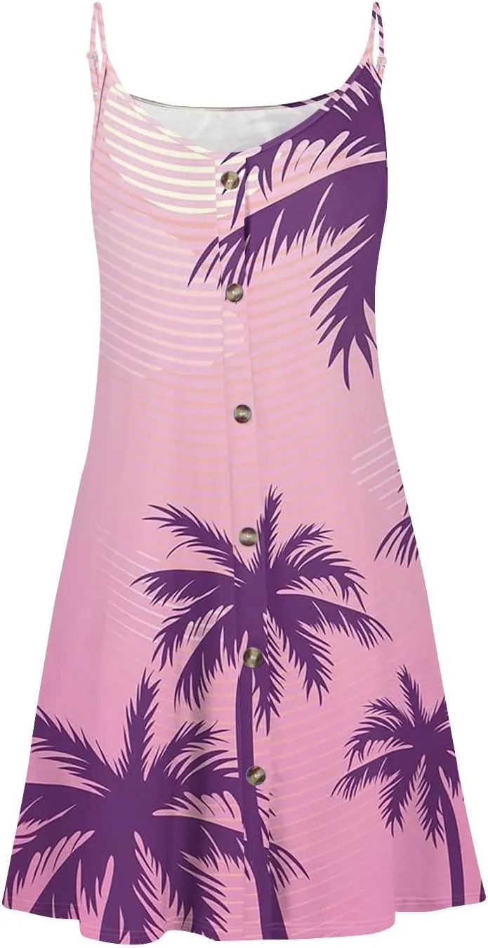 Summer Dress for Women Casual Boho Spaghetti Strap Dresses Floral Print V Neck Button Tank Dresses with Pockets