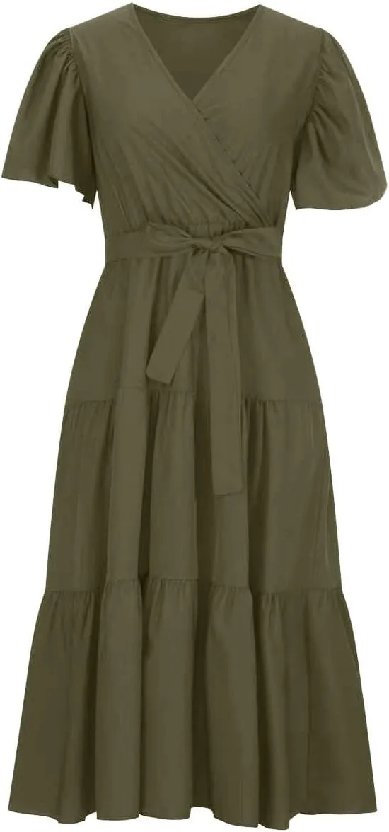 Summer Dress for Women Ruffle Short Sleeves V Neck Casual Flowy Dress with Belt Hawaiian Beach Maxi Dress 2025