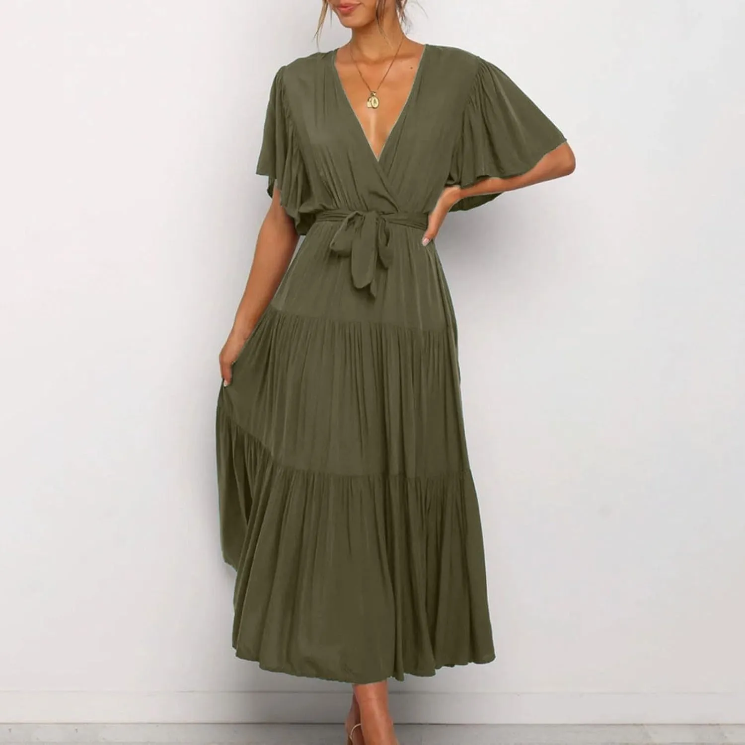 Summer Dress for Women Ruffle Short Sleeves V Neck Casual Flowy Dress with Belt Hawaiian Beach Maxi Dress 2025