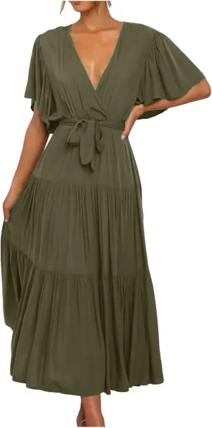 Summer Dress for Women Ruffle Short Sleeves V Neck Casual Flowy Dress with Belt Hawaiian Beach Maxi Dress 2025
