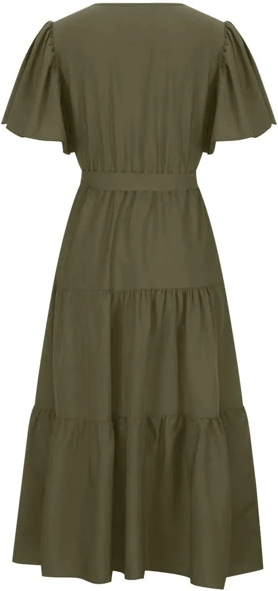Summer Dress for Women Ruffle Short Sleeves V Neck Casual Flowy Dress with Belt Hawaiian Beach Maxi Dress 2025