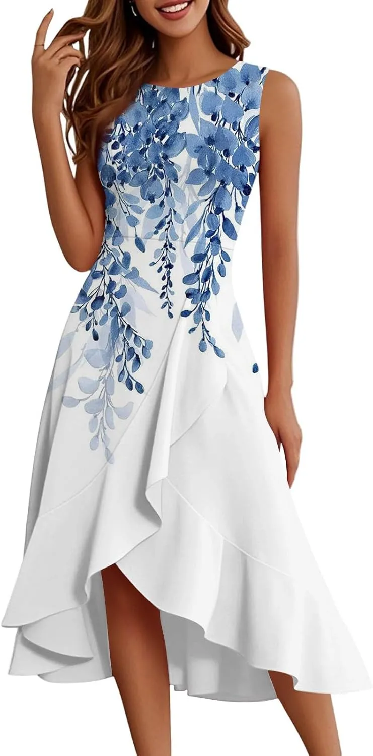 Summer Dresses for Women 2025 Asymmetrical Ruffle Sleeveless Floral Print Plus Size Elegant Sexy Party Dress