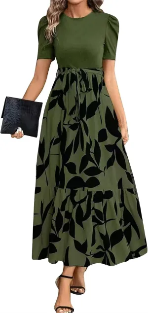 Summer Dresses for Women 2025 Floral Formal DressWrap Short Sleeve Maxi Dress Patchwork Ruffle Hem A Line Dress